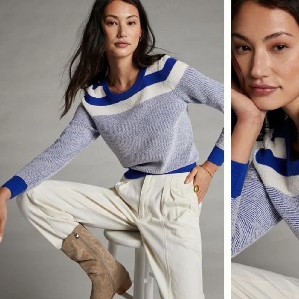 Anthropologie Maeve Paulina Striped Blue and Cream Crewneck Sweater